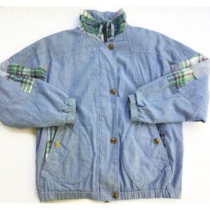 Vintage 90s London Fog Patchwork Plaid Jacket Womens M Blue Chambray Bomber Coat